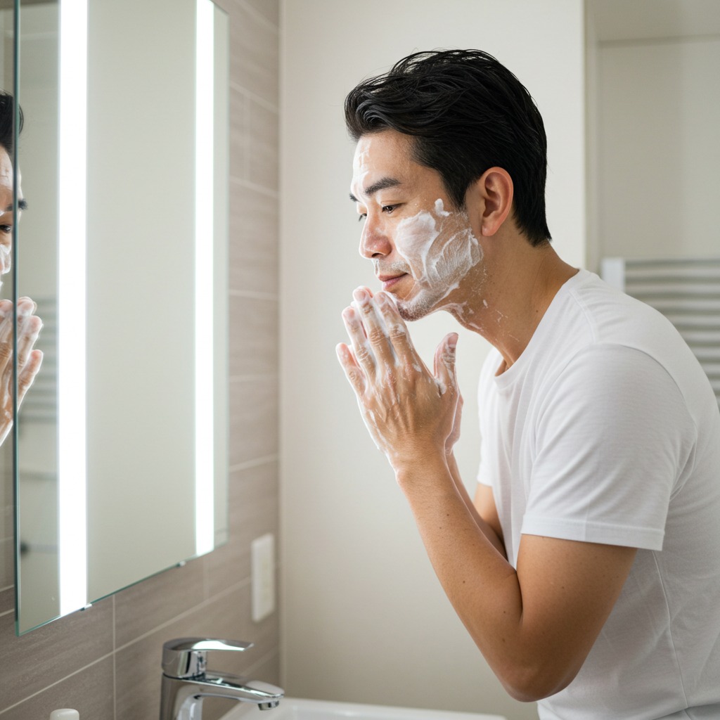 たっぷりの泡で丁寧に洗顔する男性