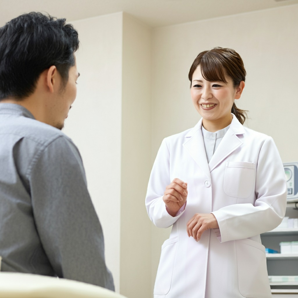 男性患者に施術についてアドバイスする女性医師