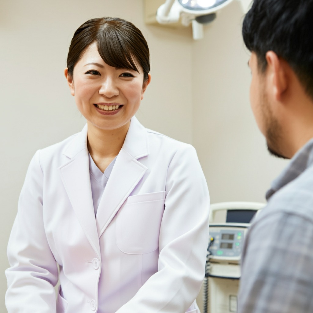スキンケア、美容医療について男性患者に説明する女性医師