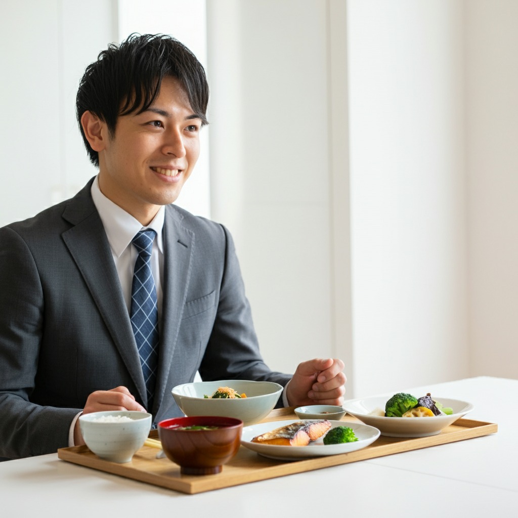 バランスの良い食事をする日本人ビジネスマン