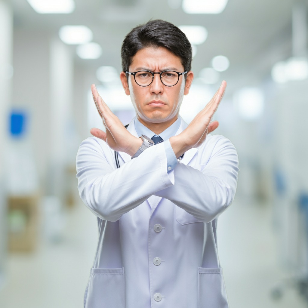 無理に露茎状態にしてはいけないことをバツ印で表現する男性医師