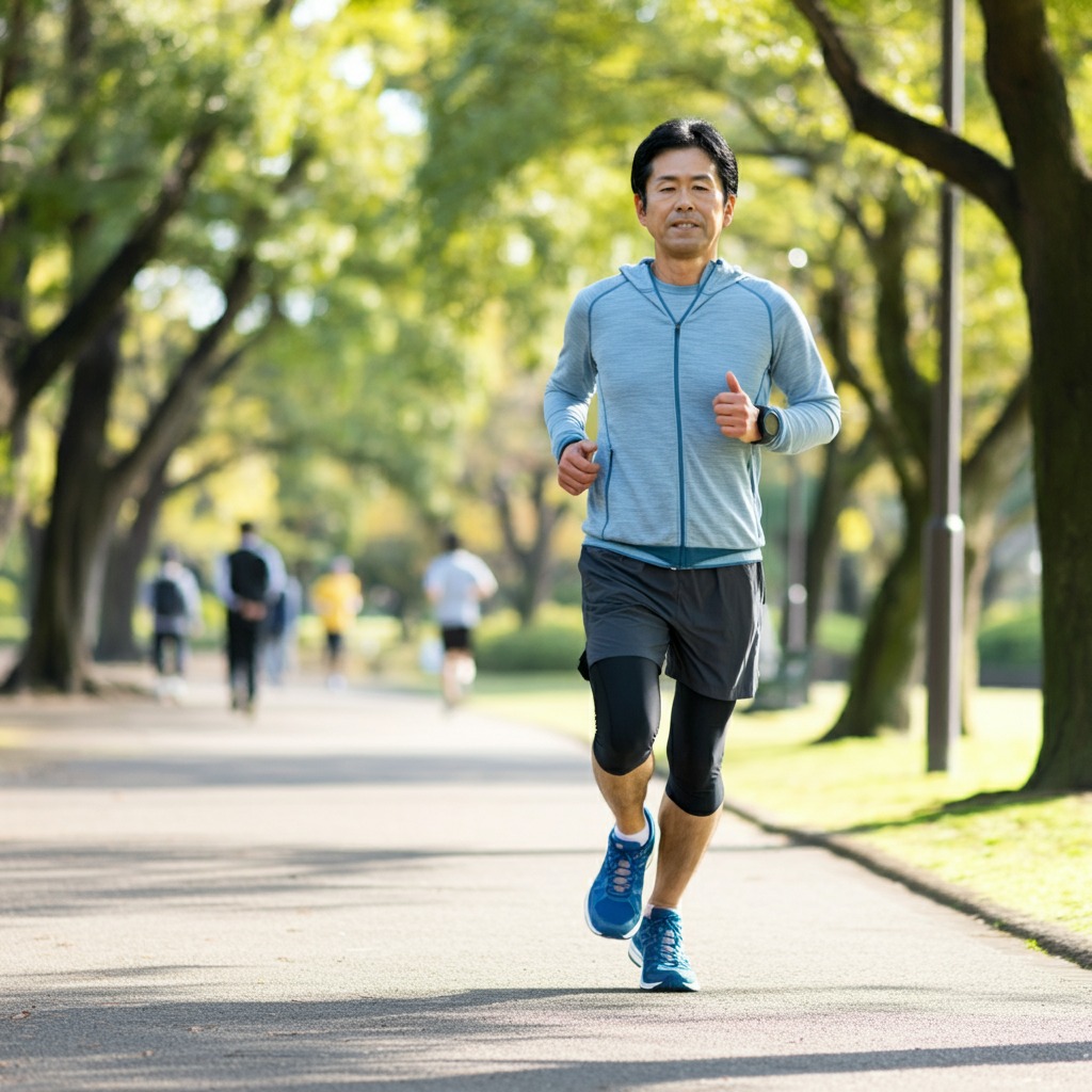 公園でランニングをする40代男性