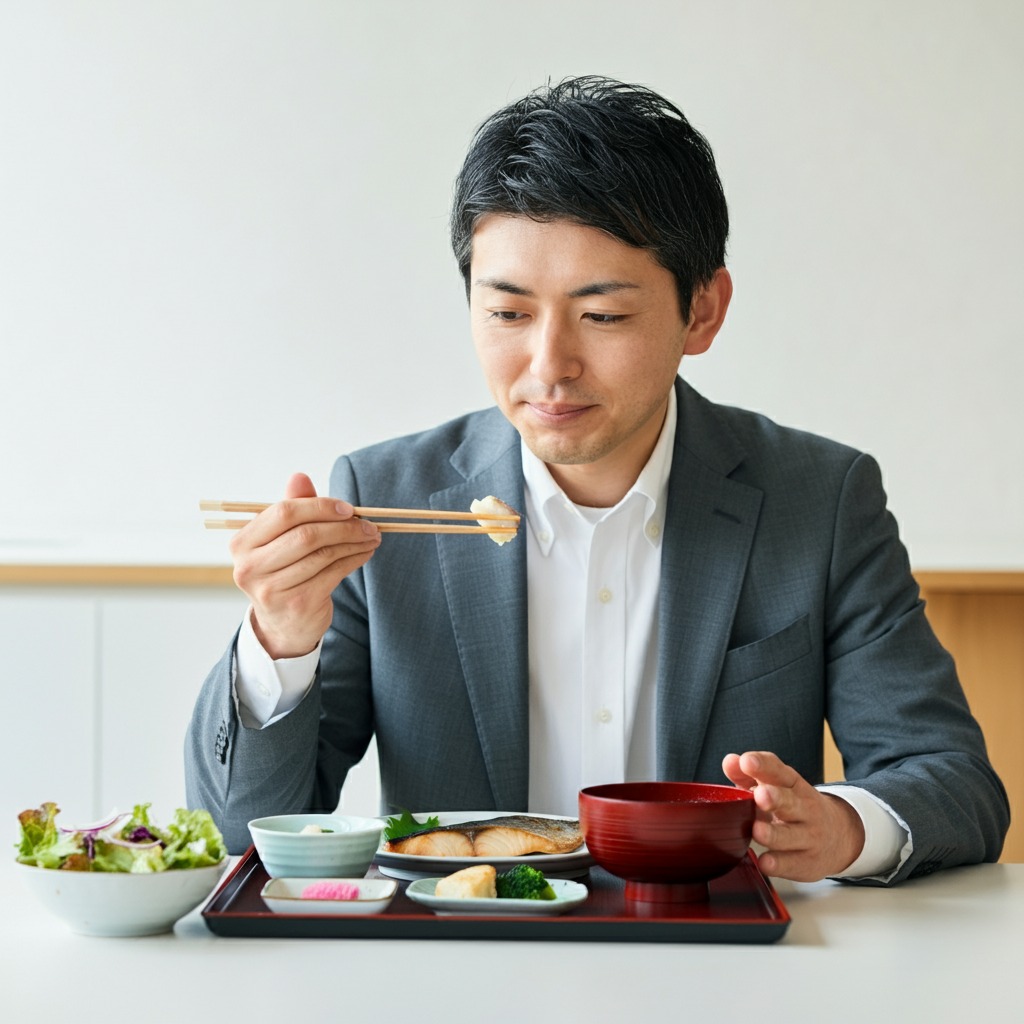 バランスの取れた食事をする日本人男性