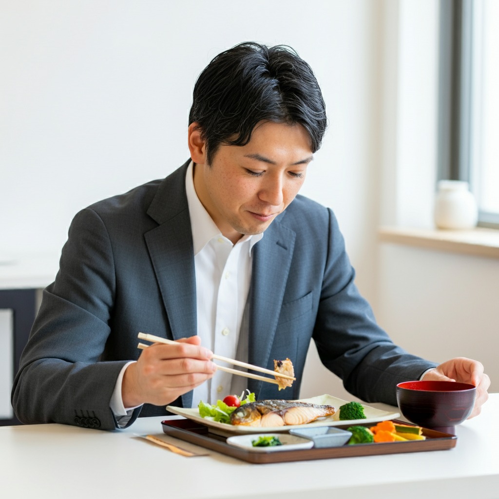 低カロリーでヘルシーな食事をする男性サラリーマン