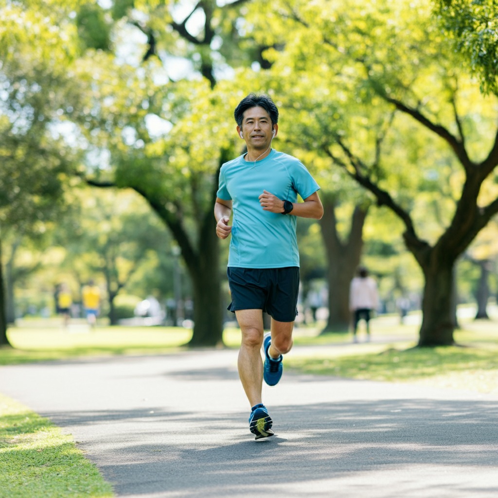 公園でランニングをする日本人男性