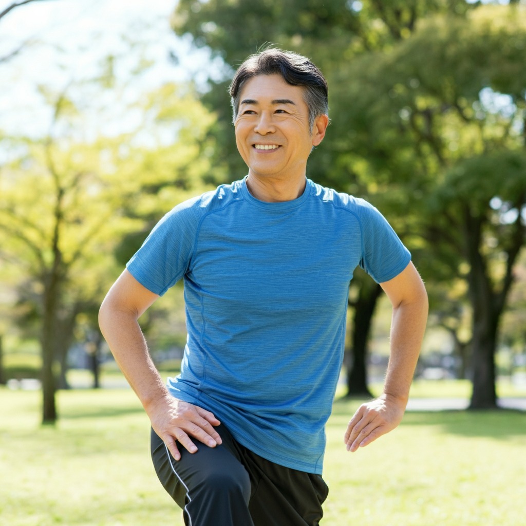 姿勢改善のため公園でストレッチをする日本人中年男性