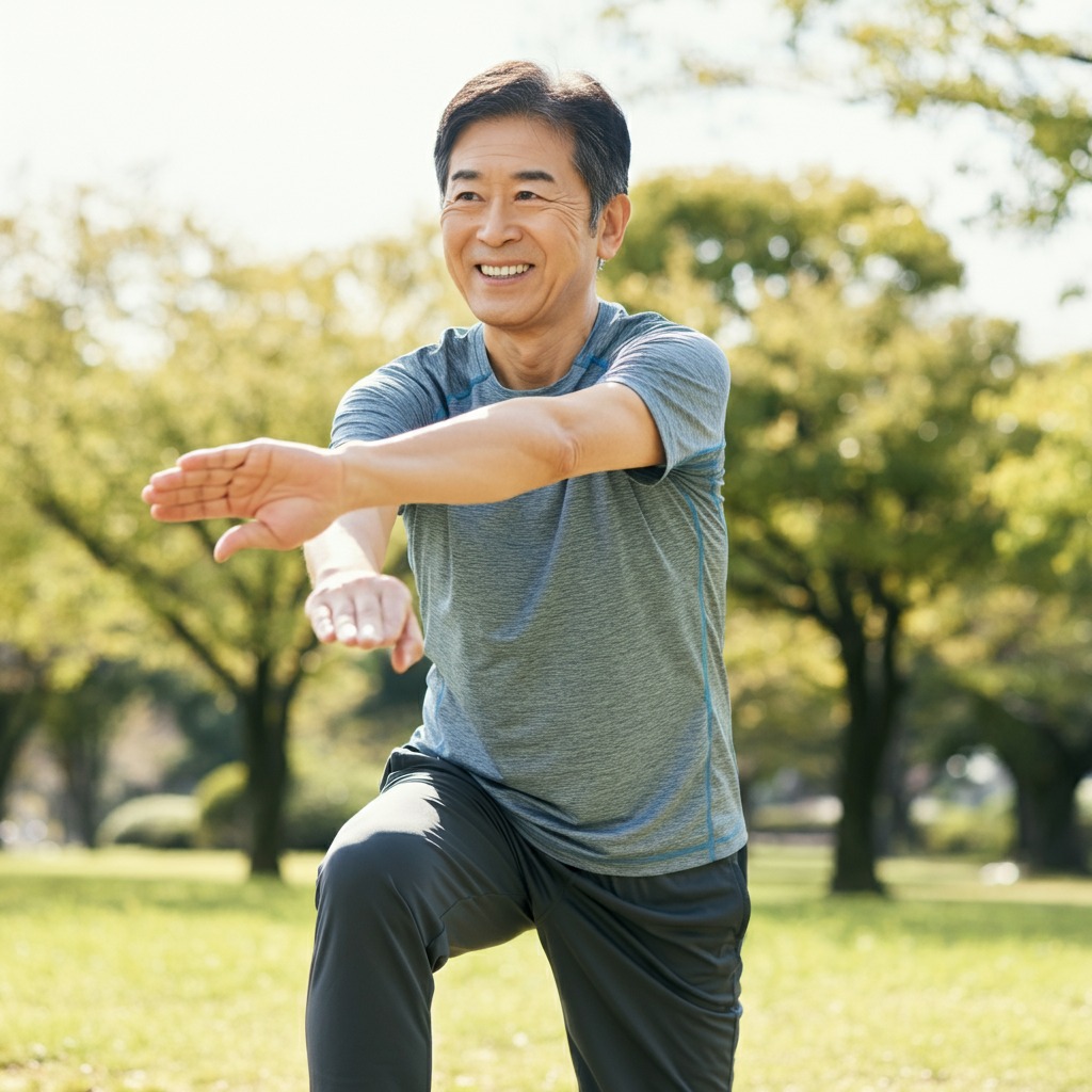 公園で運動する40代男性