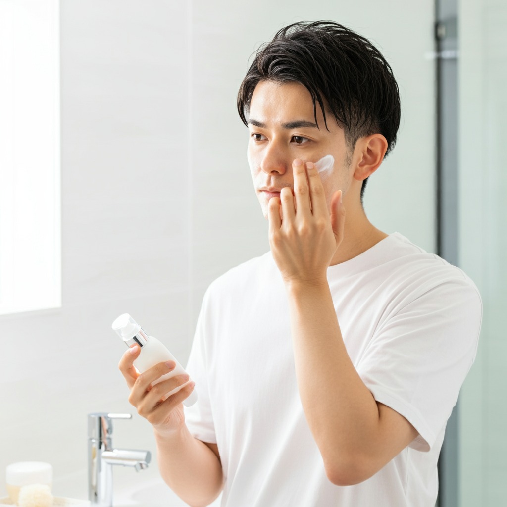 日焼け止めクリームを塗る日本人男性