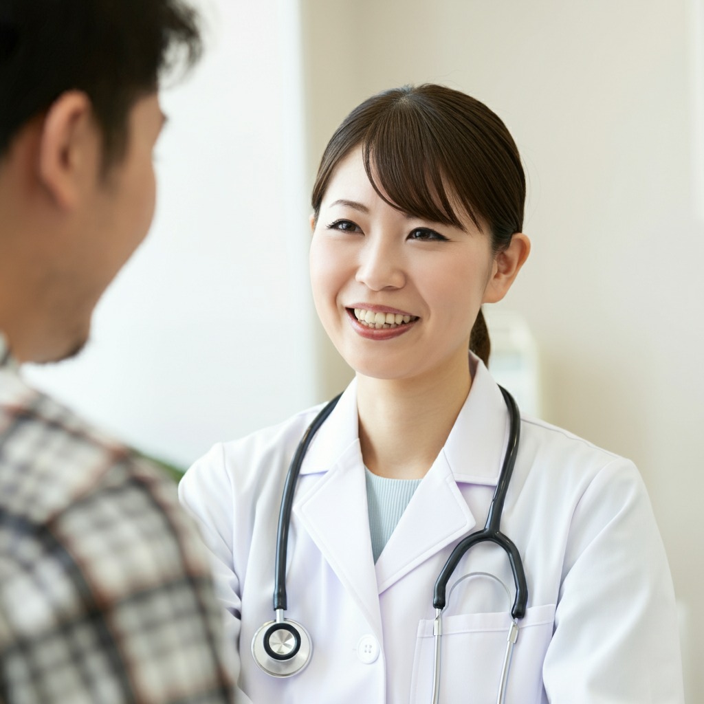男性患者に笑顔で説明する女性医師