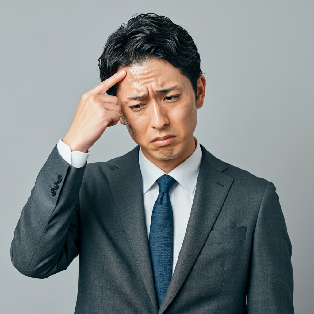 顔のテカリに悩む日本人ビジネスマン