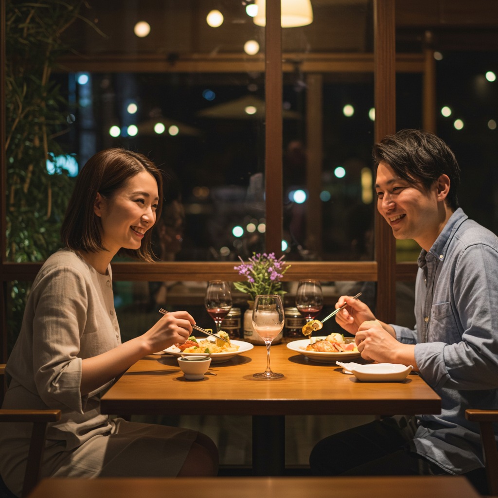 夜のレストランで楽しそうに食事をする30代カップル