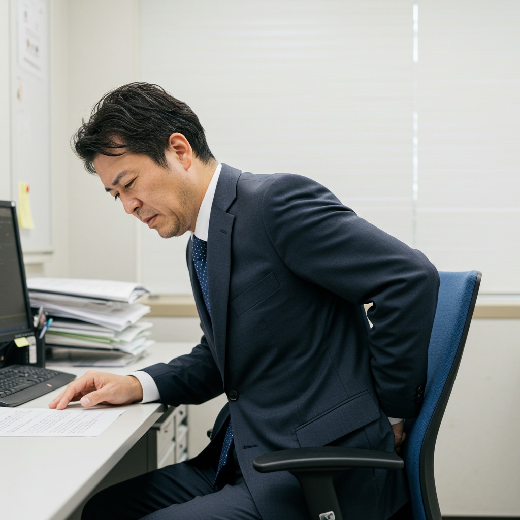 姿勢が悪いため腰が痛い40代日本人ビジネスマン