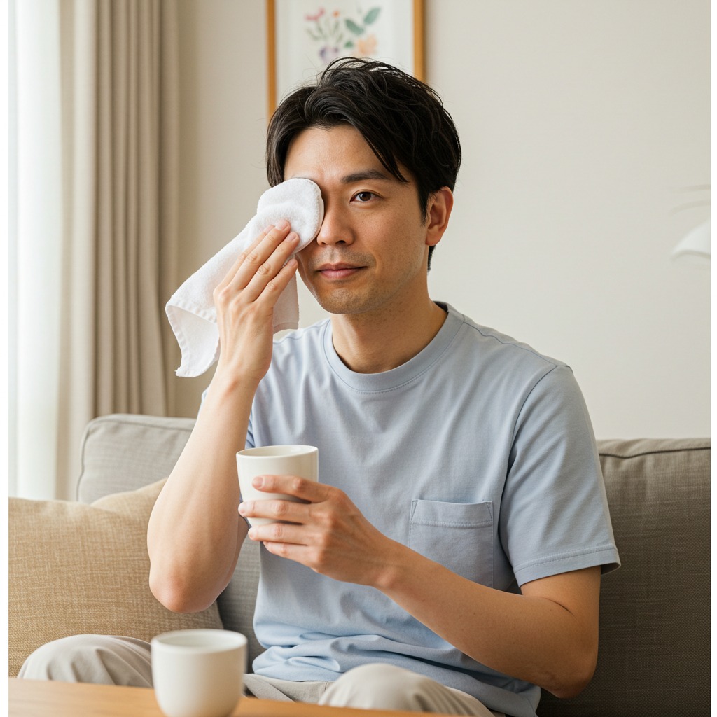 目元をホットタオルで温める男性