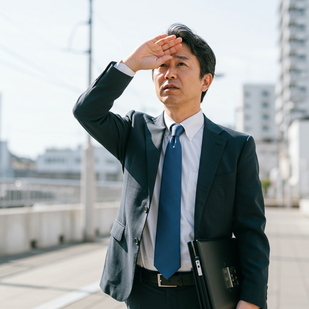 強い日差しを手で遮ろうとする40代サラリーマン