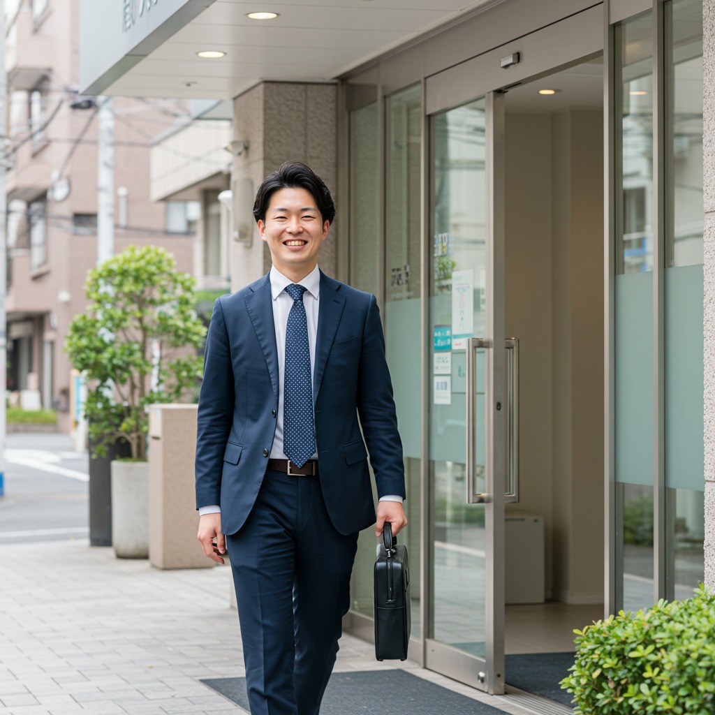 包茎手術後の抜糸の痛みが少なったので笑顔でクリニックから出てきた日本人ビジネスマン