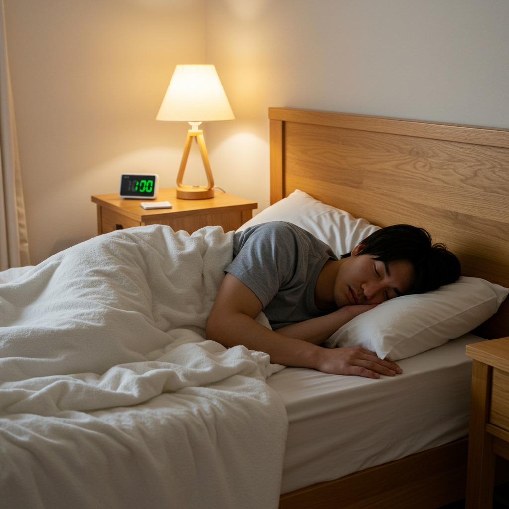 就寝前に排尿してからぐっすり眠る日本人男性