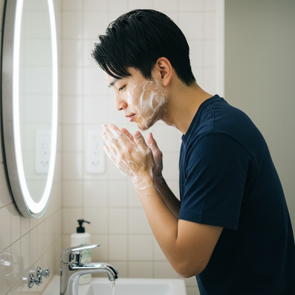 たくさんの泡で丁寧に洗顔をする日本人青年