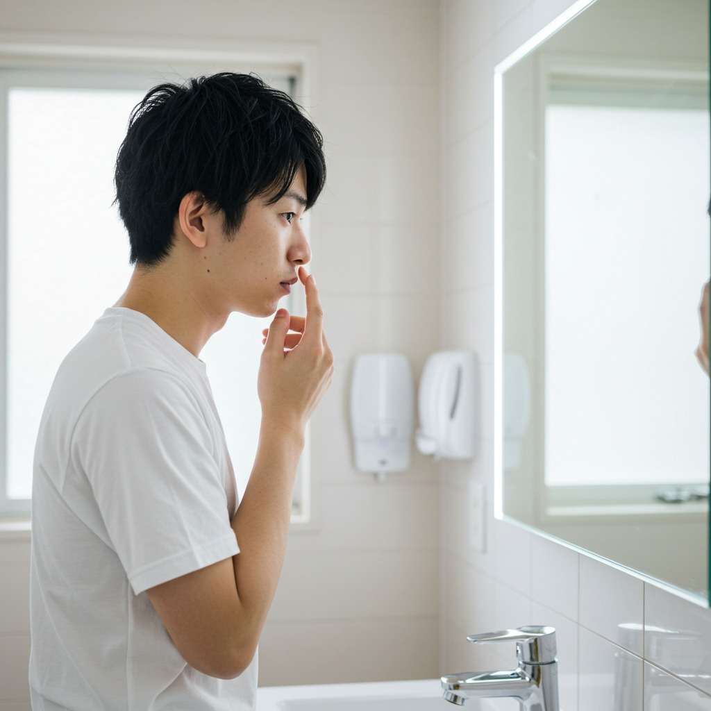 鼻の低さが気になって洗面台の鏡の前で鼻を触る日本人青年