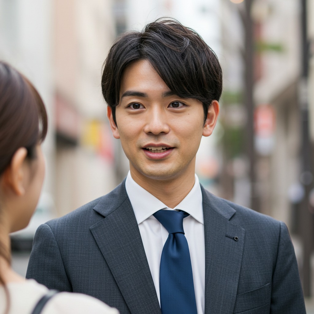 女性と話をする二重で柔らかな印象の男性