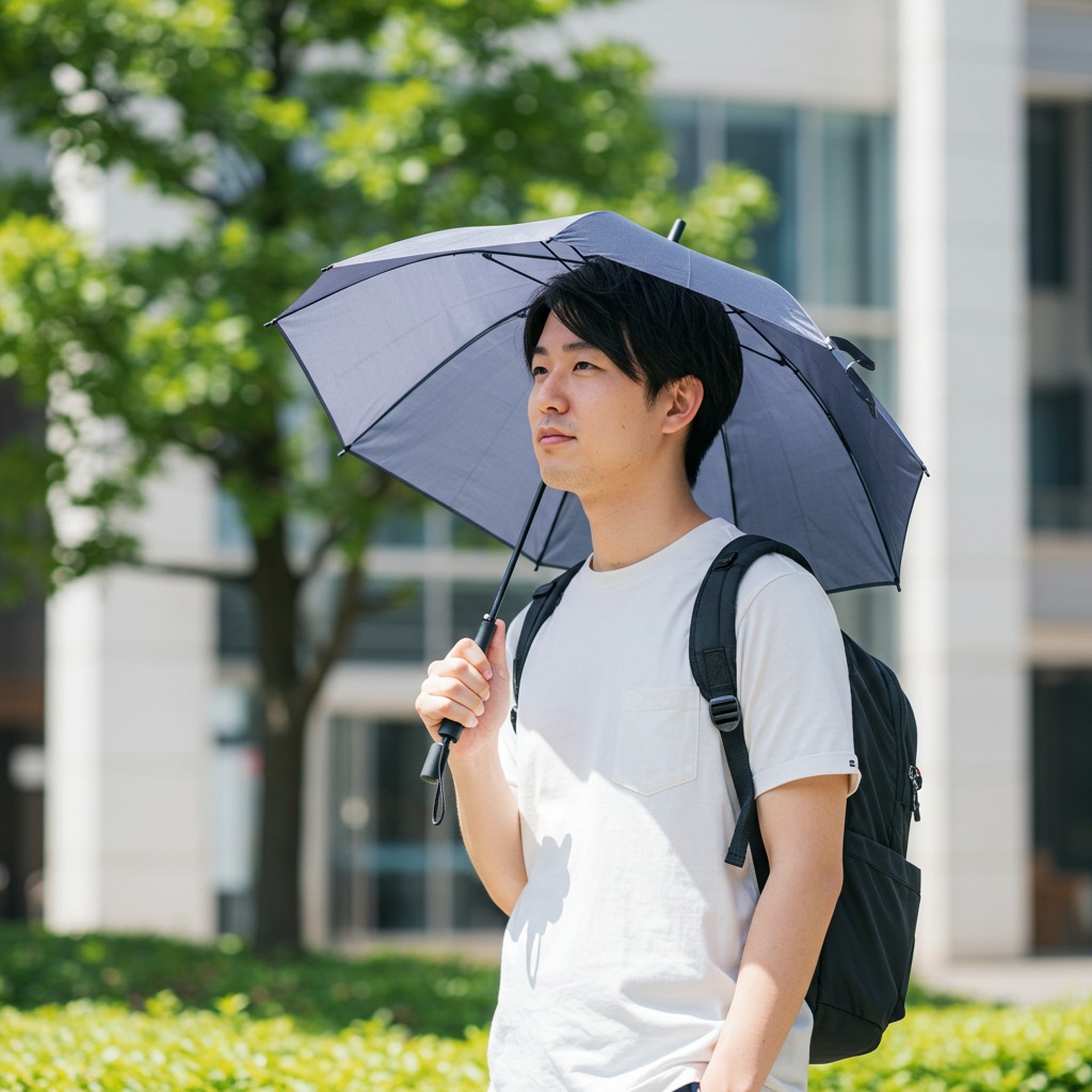 日傘で紫外線対策をする20代日本人男性