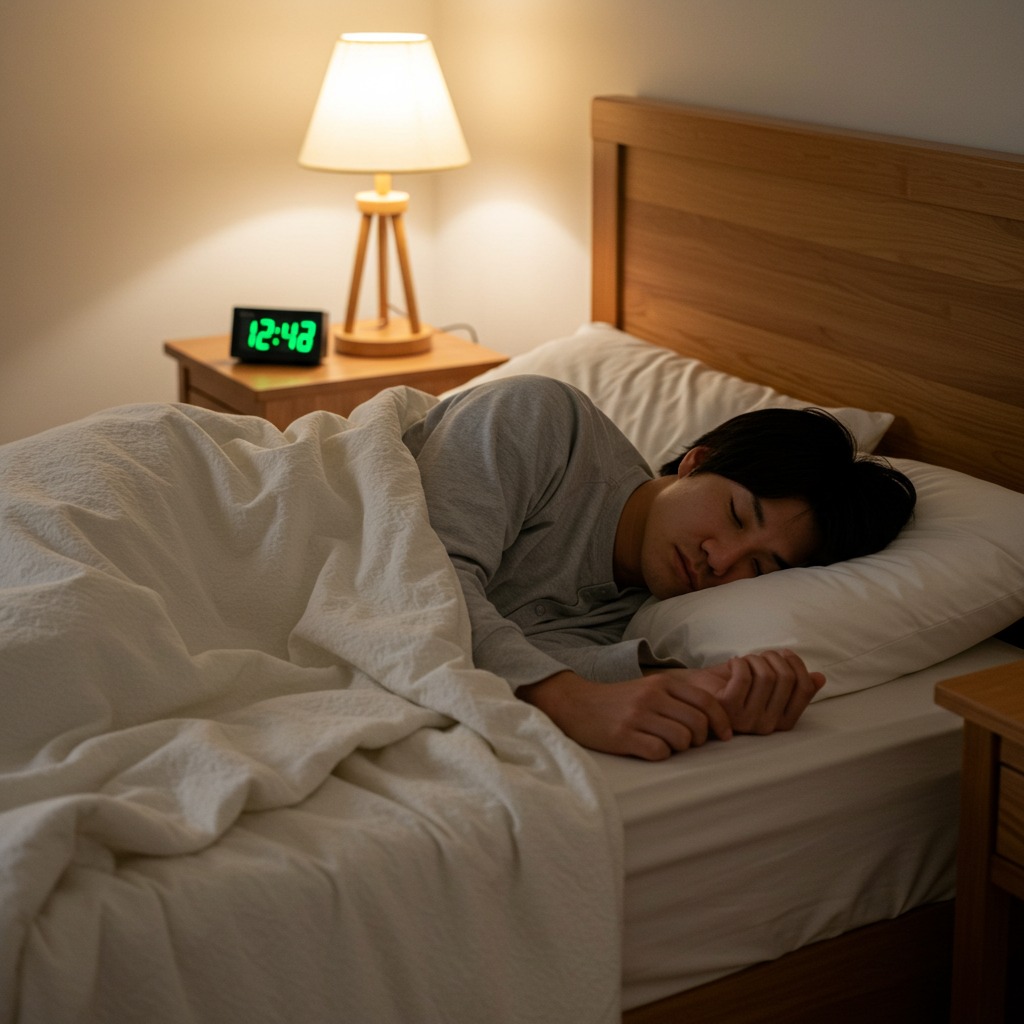 ぐっすりベッドで眠る日本人男性
