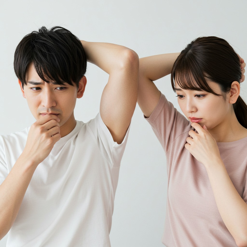 ワキの臭いを確認する男女