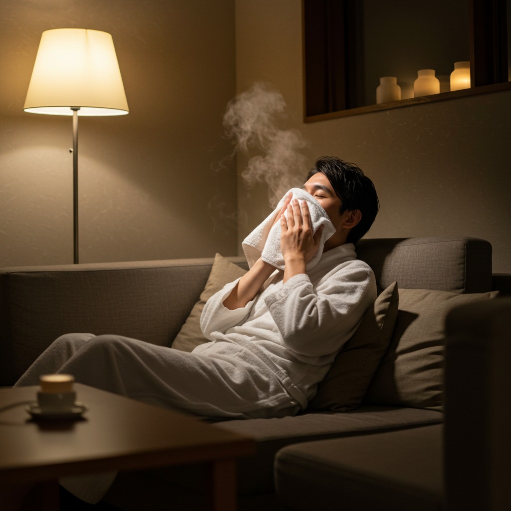 蒸しタオルで毛穴を開く男性