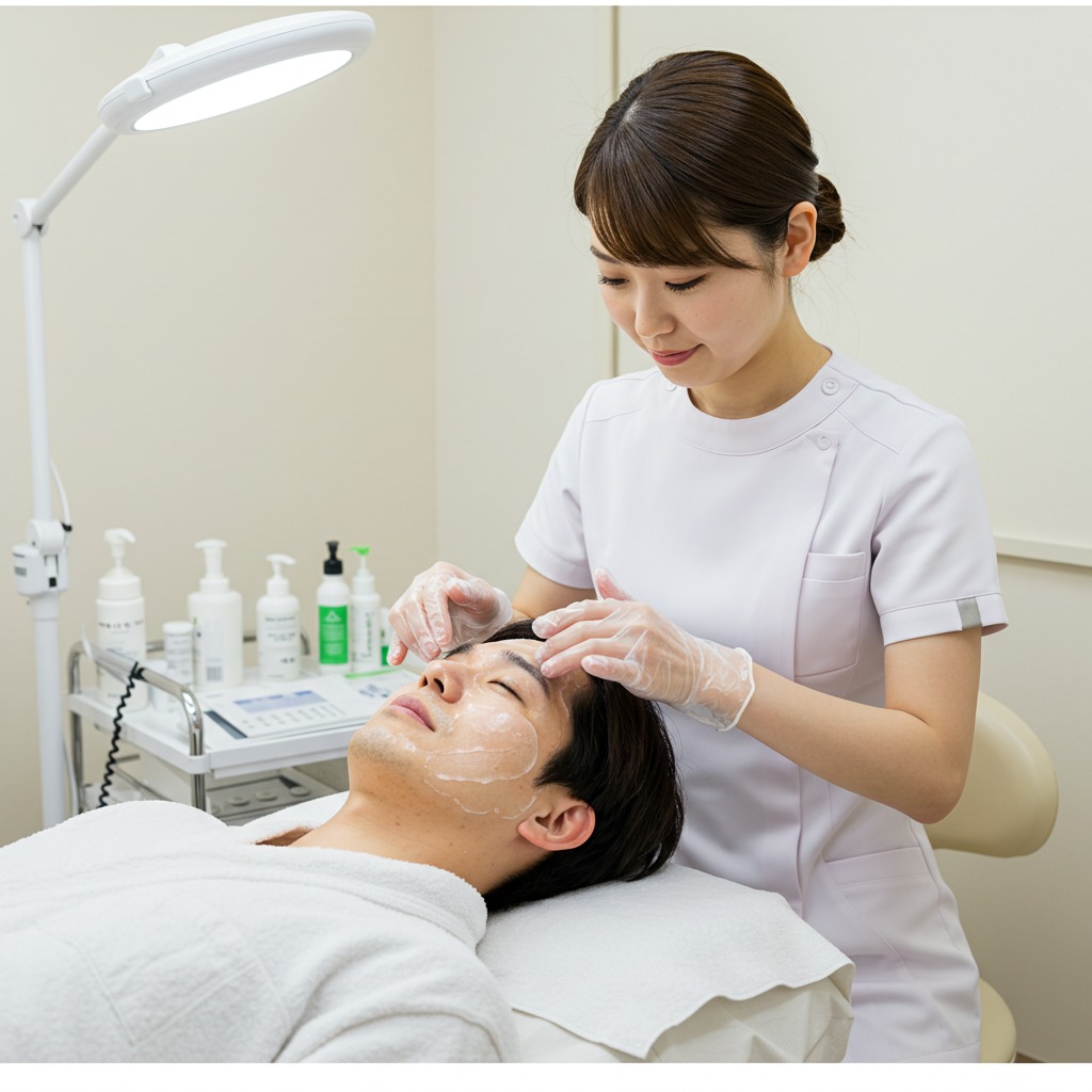 美容クリニックでピーリングを受ける男性