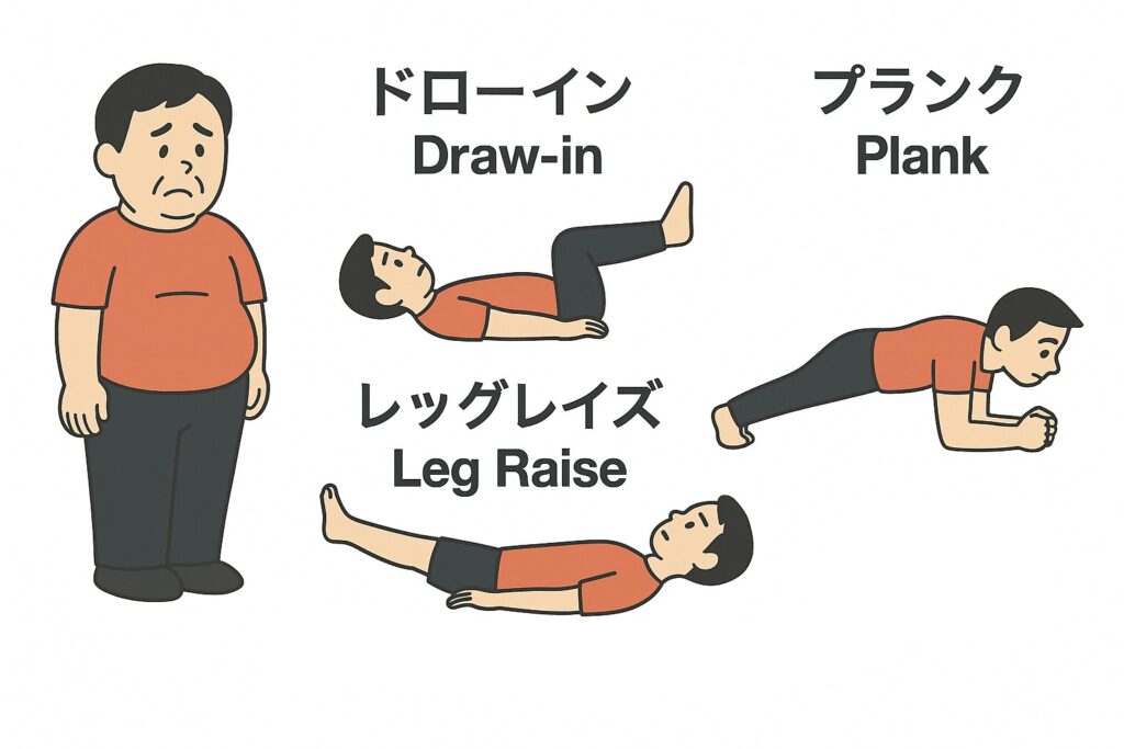 ドローイン、レッグレイズ、プランクは男性のぽっこりお腹解消に効果的な筋トレ