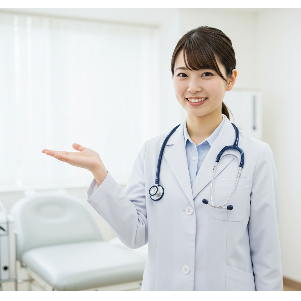 男性の顎ニキビ改善方法を笑顔で紹介する女性医師