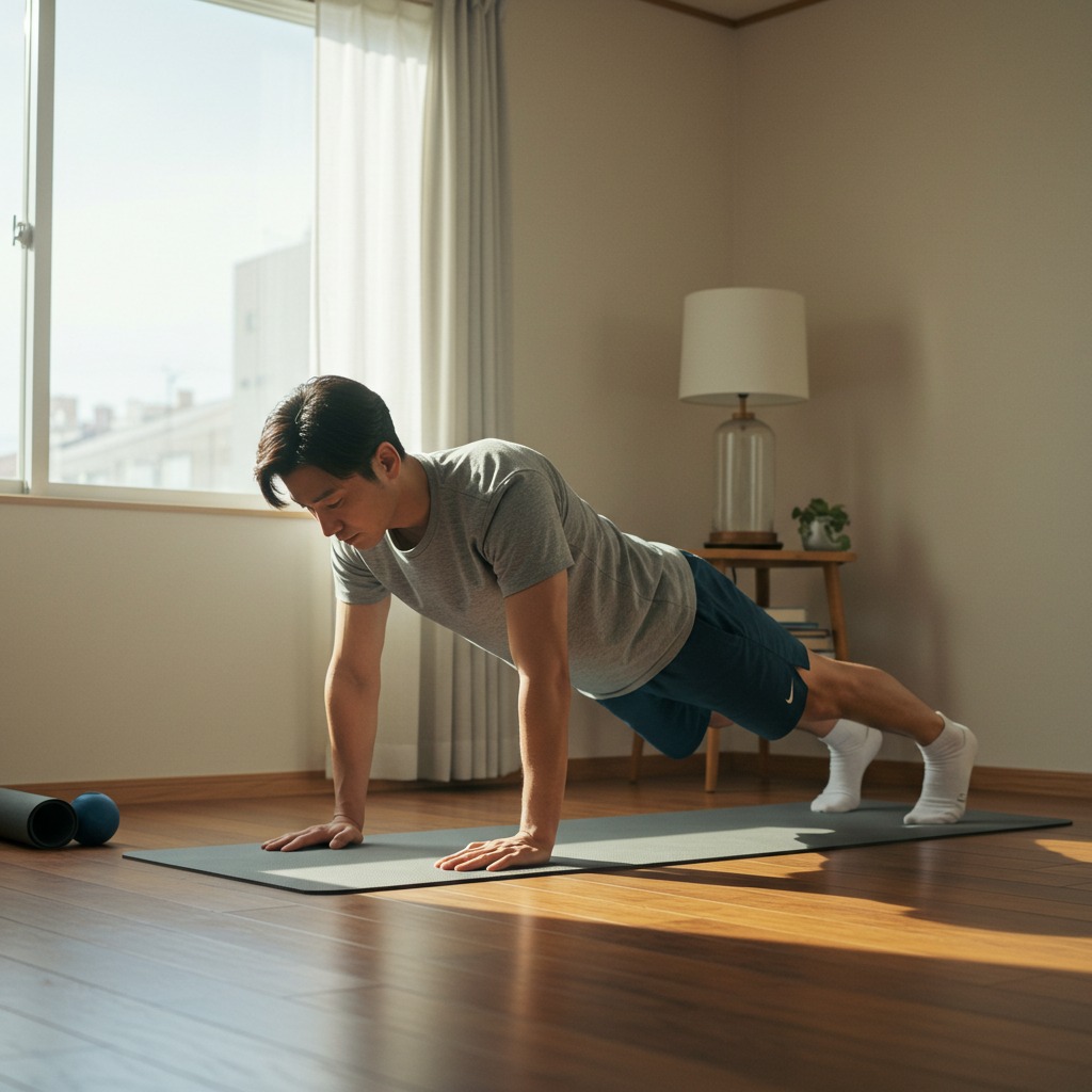 朝の自宅でプランクをする男性