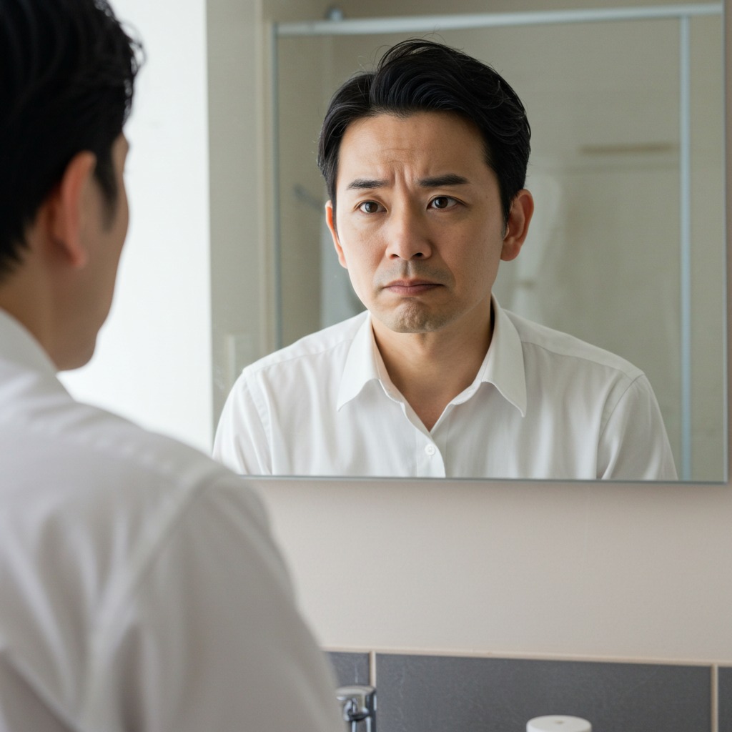 老け顔に悩む鏡を見る30代日本人男性